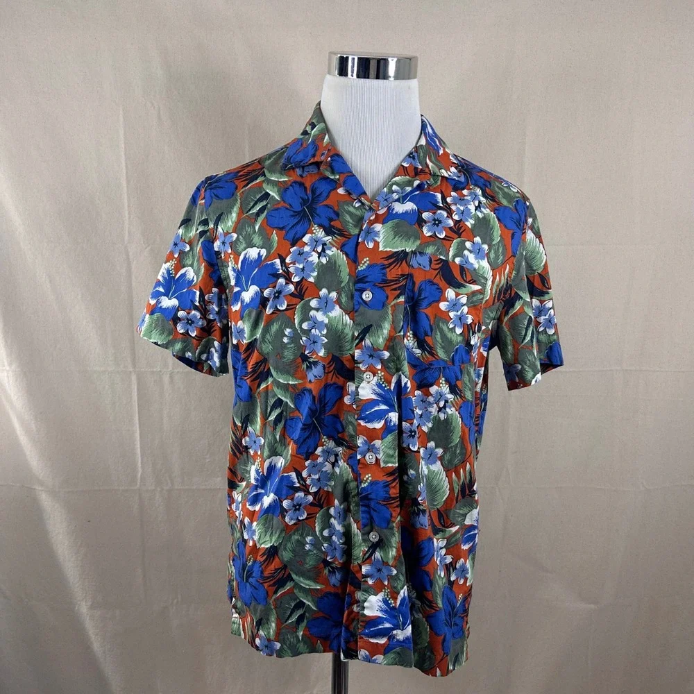 J. Crew Medium Flex Hawaiian Shirt Orange Floral Hibiscus Short Sleeve Mens